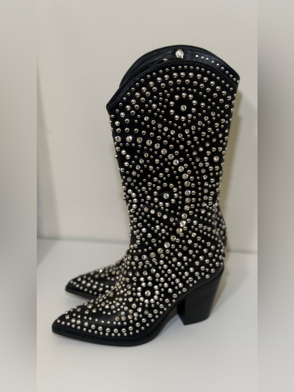 NWB ! Rhinestone Black Mid-Calf Western Cowboy Boots Size 11 Woman Beast Fashion - Picture 3 of 6